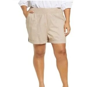High Waist Linen Blend Tan Skyrise Ruched Elastic Waist pull On Shorts‎ Preppy L